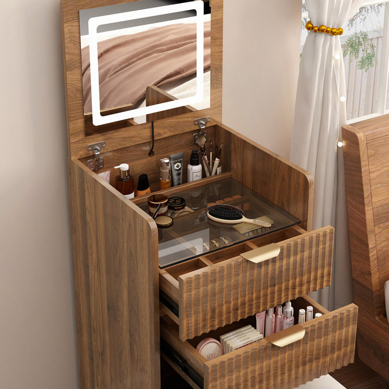 Meuble-lavabo 3 en 1 avec 3 tiroirs et tabouret roulant, meuble-lavabo compact avec miroir et lumières, petite coiffeuse moderne