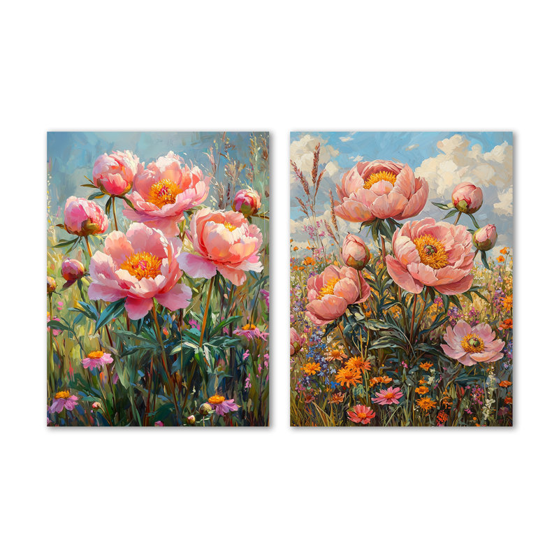 Pivoines dans la fleur sauvage - Ensemble de 2 décorations murales en métal pour jardin, 32" H x 48" W