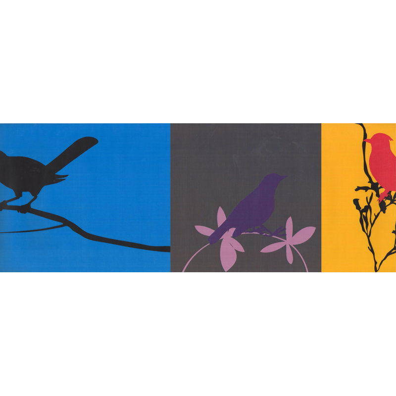 Papier peint abstrait oiseaux mauves Funchess, Rouge / Jaune / Bleu