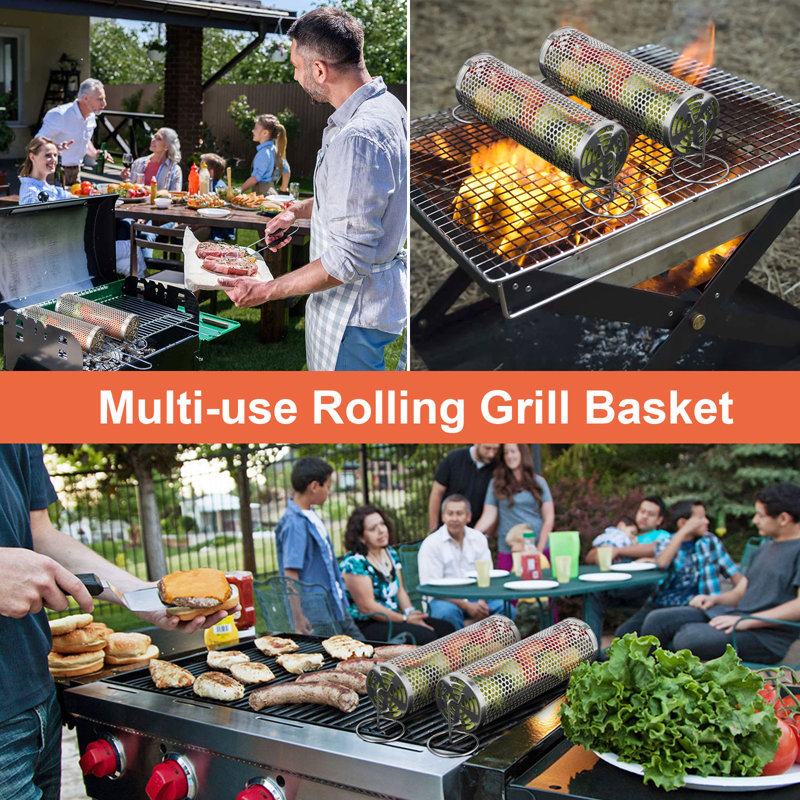 2 Pack Round Hole Rolling Grill Basket 12"