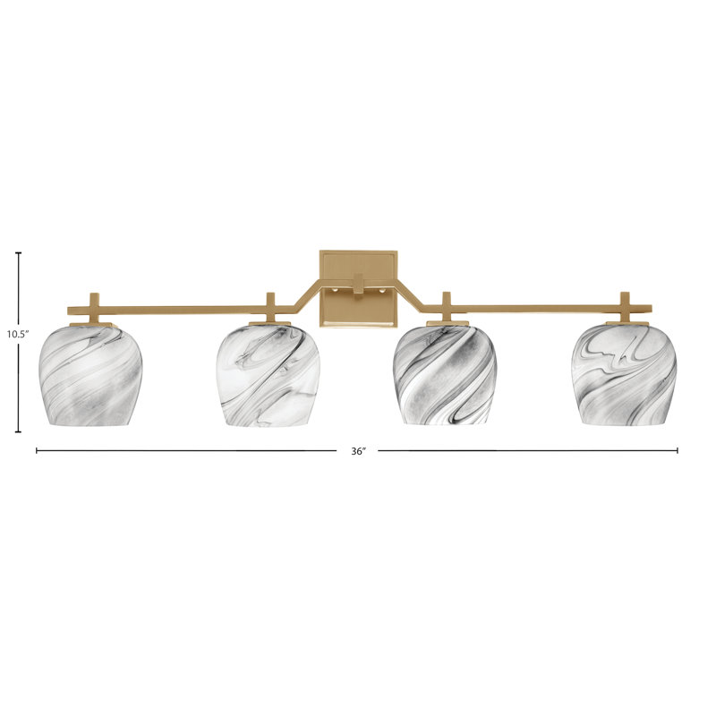 Barre de bain Headland illustrée d'un verre tourbillon onyx de 6 po, H 10,5 po x l 36 po x P 6,5 po, Laiton, Quatre lumières