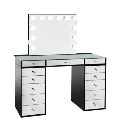 Adryell 2.0 Mirrored Tabletop with Hollywood Glow Lite Plus Mirror And 5 Drawer Units Bundle