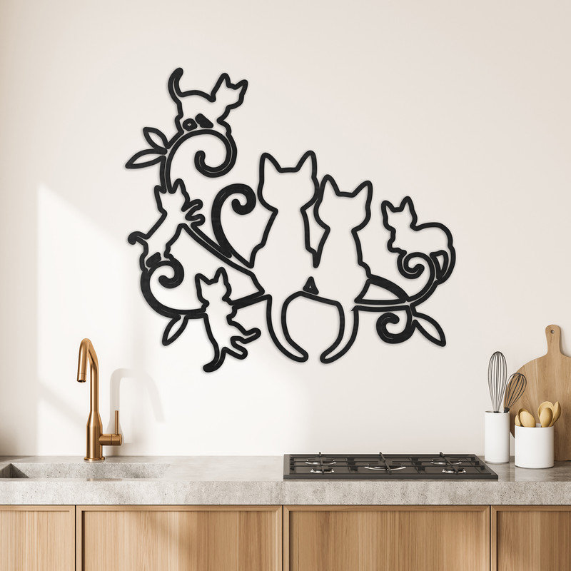 Décoration murale abstraite avec beaucoup de chats - ACM, H 24,7 po x l 32 po x P 0,25 po, Argent