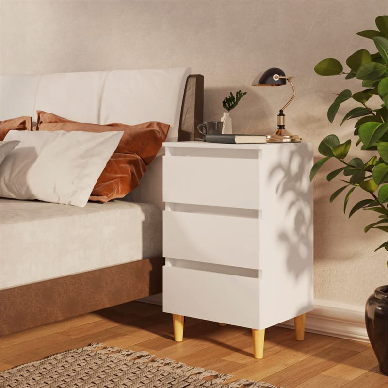 Solihull Bed Cabinet with Solid Wood Legs, White, 1