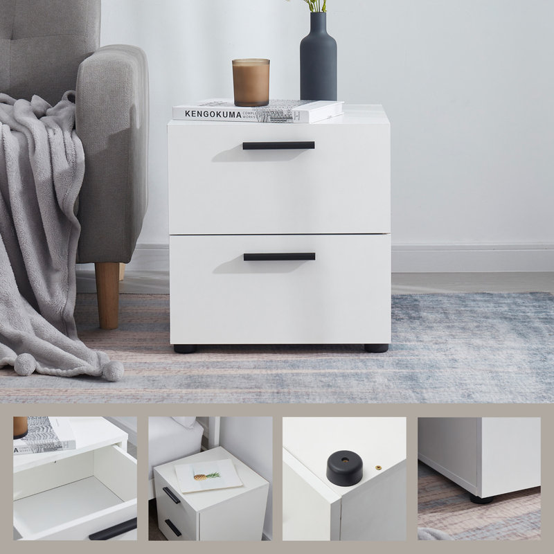 White Chipboard 2-Drawer Nightstand with Black Handles