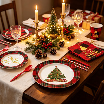 Christmas Decorations 10 Person Christmas Tree Print Disposable Dinnerware Set Paper Plates Cups Napkins Cutlery Straws Holiday Party Tableware Kit
