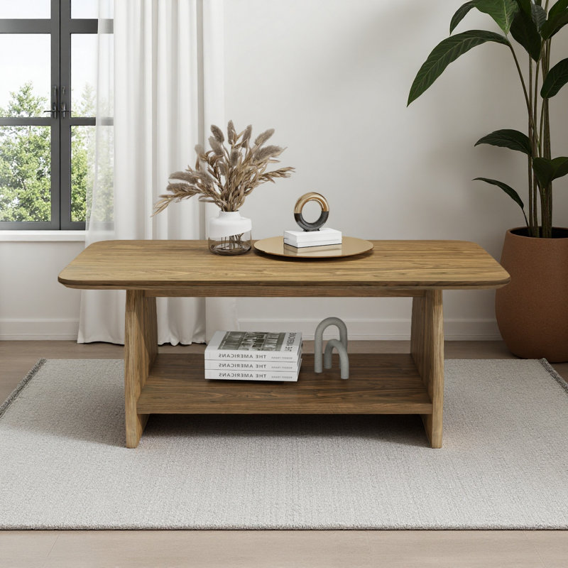 Table basse de salon moderne de 47 pouces, table basse rectangulaire à double couche avec fonction de rangement, conception de coin arrondi, matériau en bois aggloméré