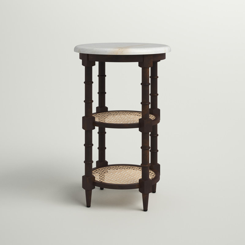 Table de bout ronde en bois massif Nilla avec plateau en marbre véritable, Brun