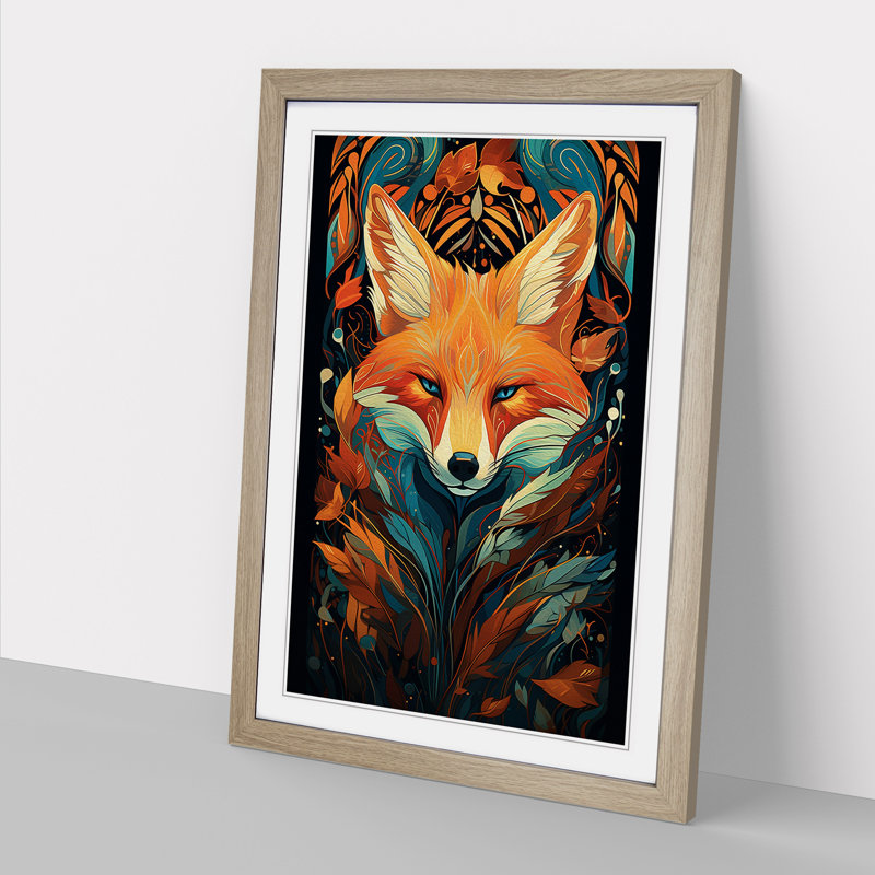 Fox Art Deco - Single Picture Frame Print on Wood, Oak Framed, 64cm H x 46cm W