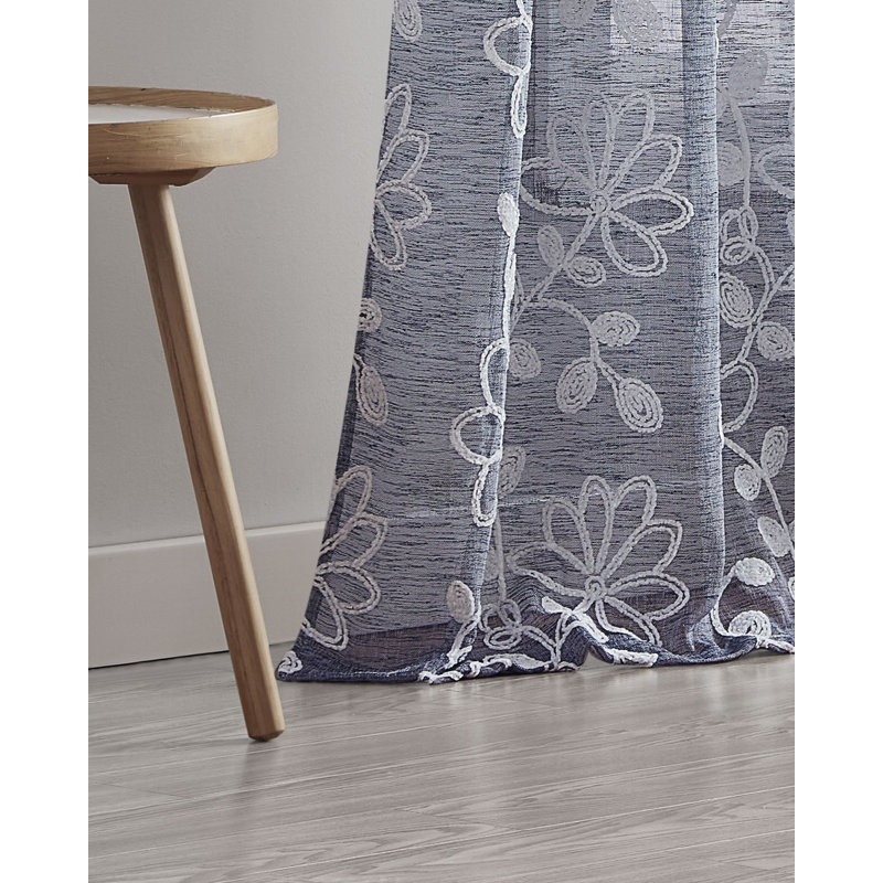 Carcassonne Floral Embroidered Sheer Curtain Panels, 38" W x 96" L, Blue