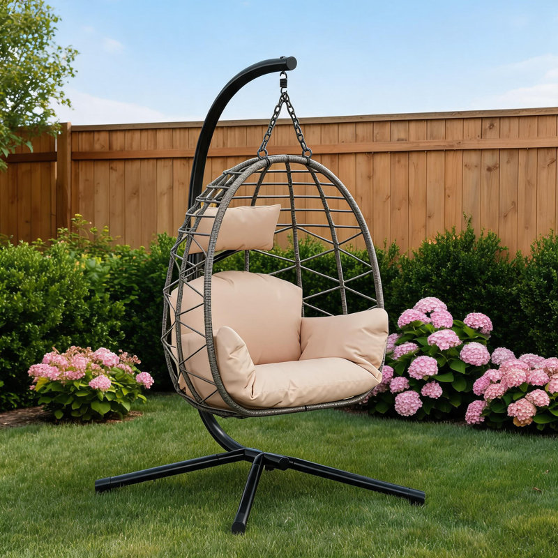 Swing Egg Chair Indoor&Outdoor, Hanging Chair with Metal Stand, Foldable Hammock Chair, 150kg Weight Capacity, Weatherproof PE Rattan with Dust Cover & Cushions for Garden, Patio, Balcony, Grey