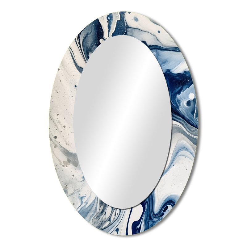 Elixir IV bleu et gris - Grand miroir mural ovale sur métal, 36" x 24"