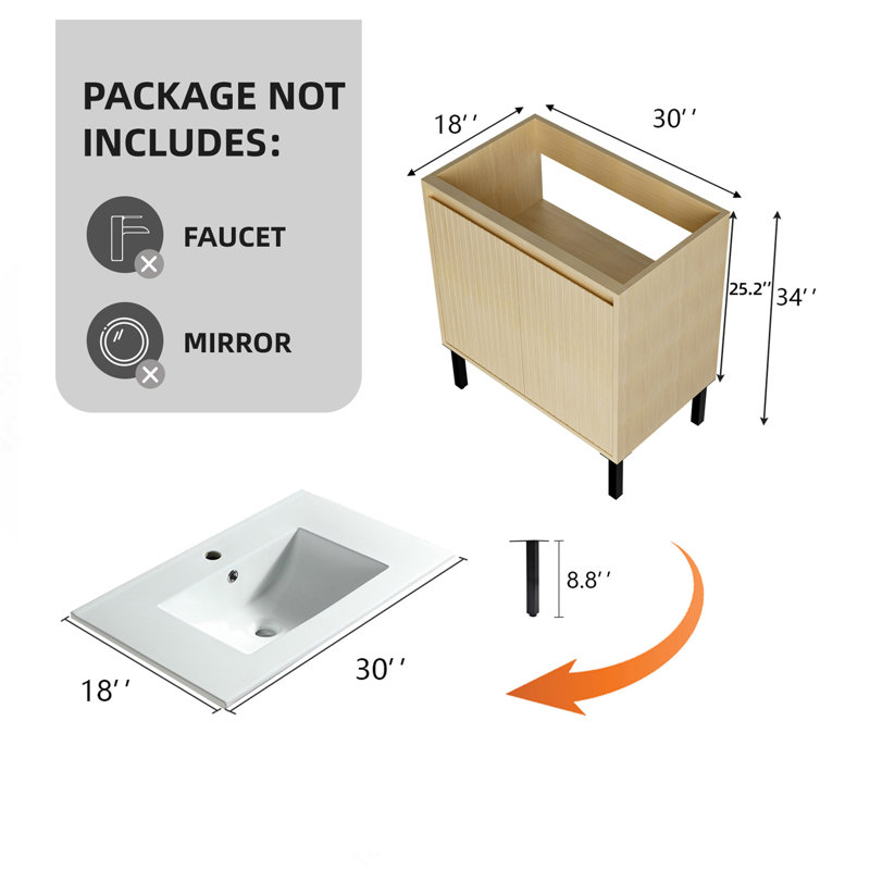 Meuble-lavabo de 30 po sans lavabo, 34 "H x29.13"W x 17.99"D, Light Oak