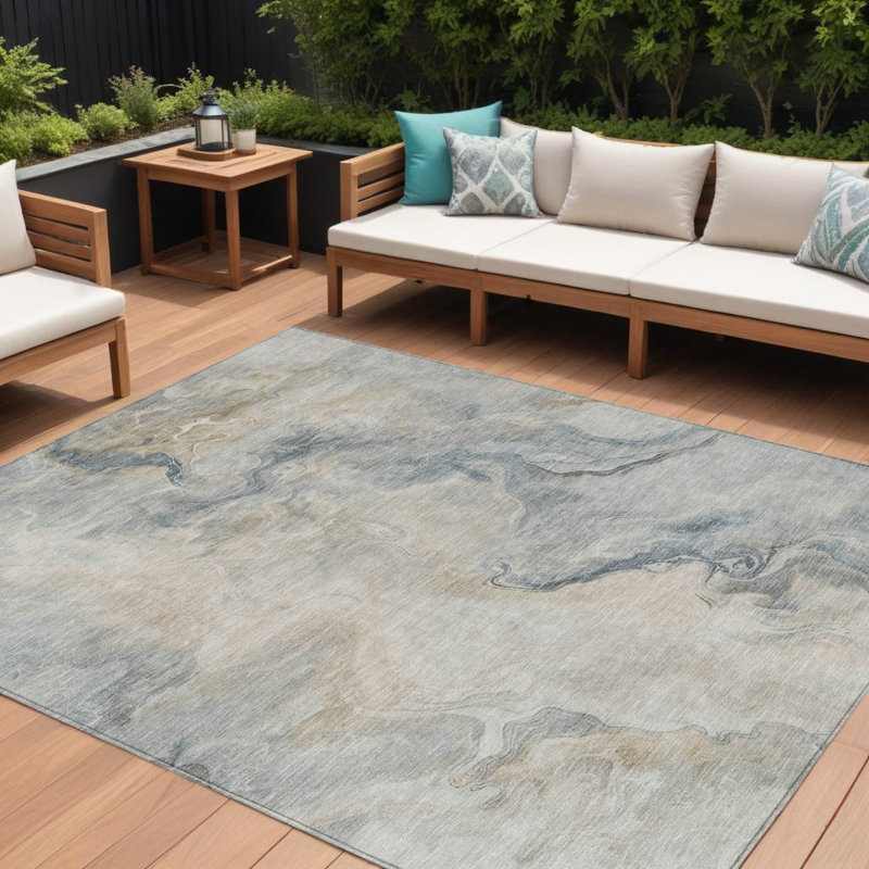 Tapis d'extérieur lavable abstrait kaki et gris 10 pi x 14 pi beige