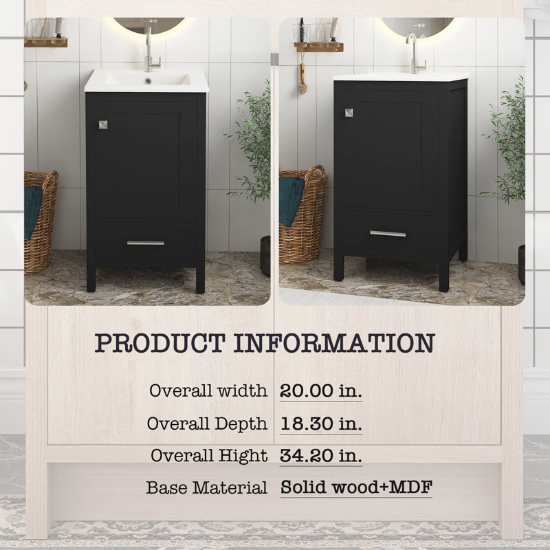 Meuble-lavabo moderne noir de 20 pouces avec lavabo en céramique, tiroir et porte à fermeture en douceur, organisateur de porte double couche, tiroir de séparation, patins réglables