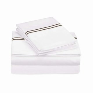 400TC Double Embroidery Sateen Solid Cotton 4 Piece Sheet Set Fitted Sheet Fits Upto 16" Deep Pocket, Chocolate