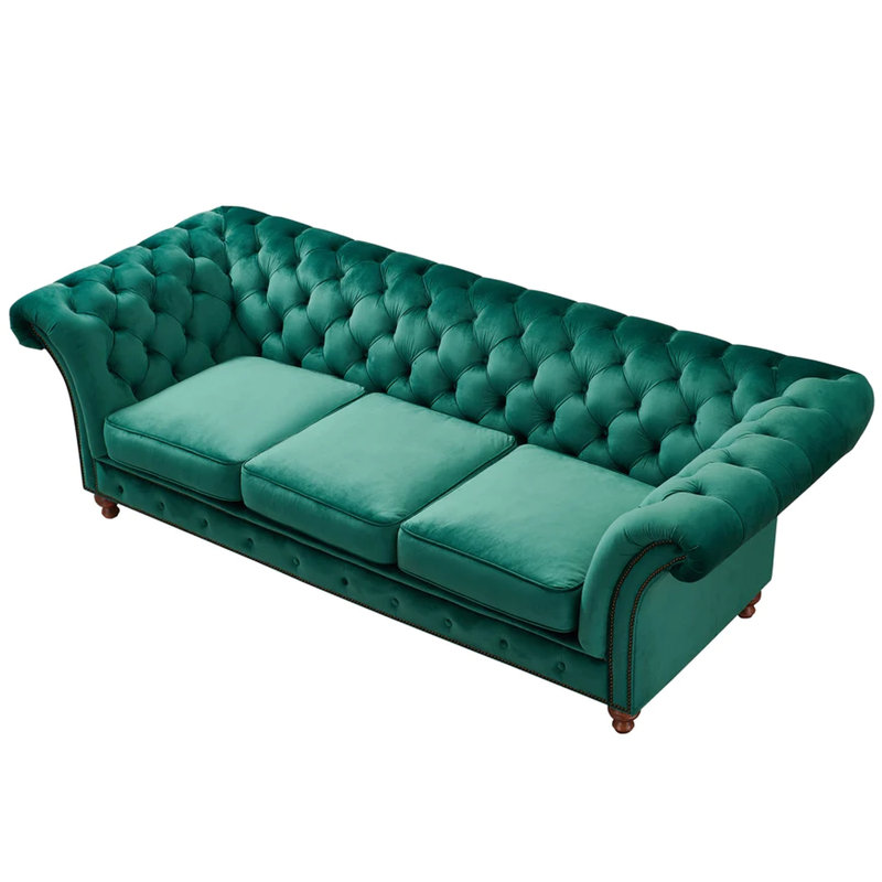 Jarique 98" Velvet Rolled Arm Chesterfield Sofa, Green Velvet