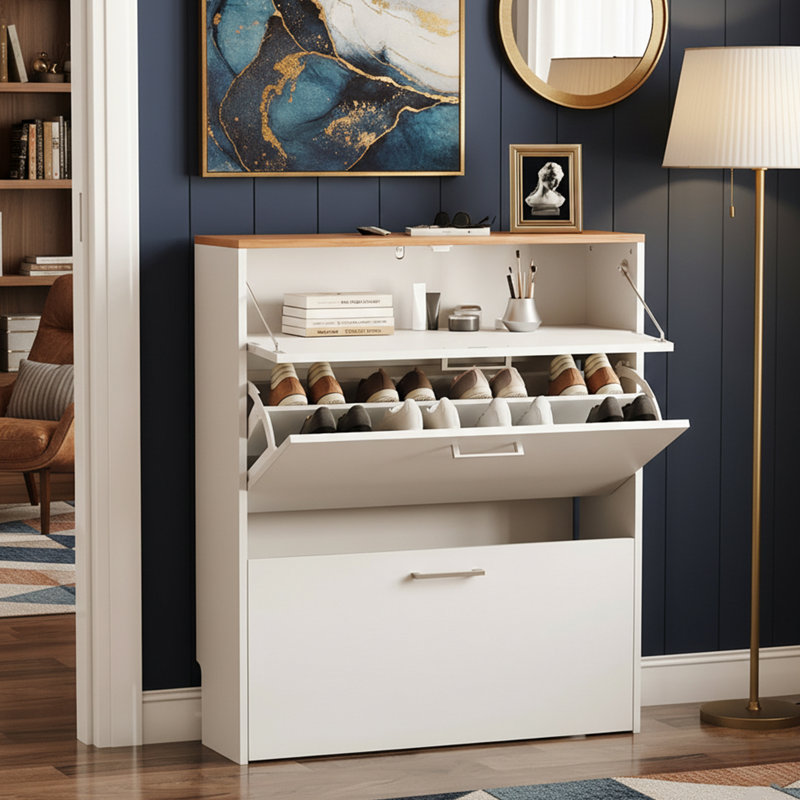 31" W 2-Flip Drawer 1-Drawer Shoe Cabinet, White