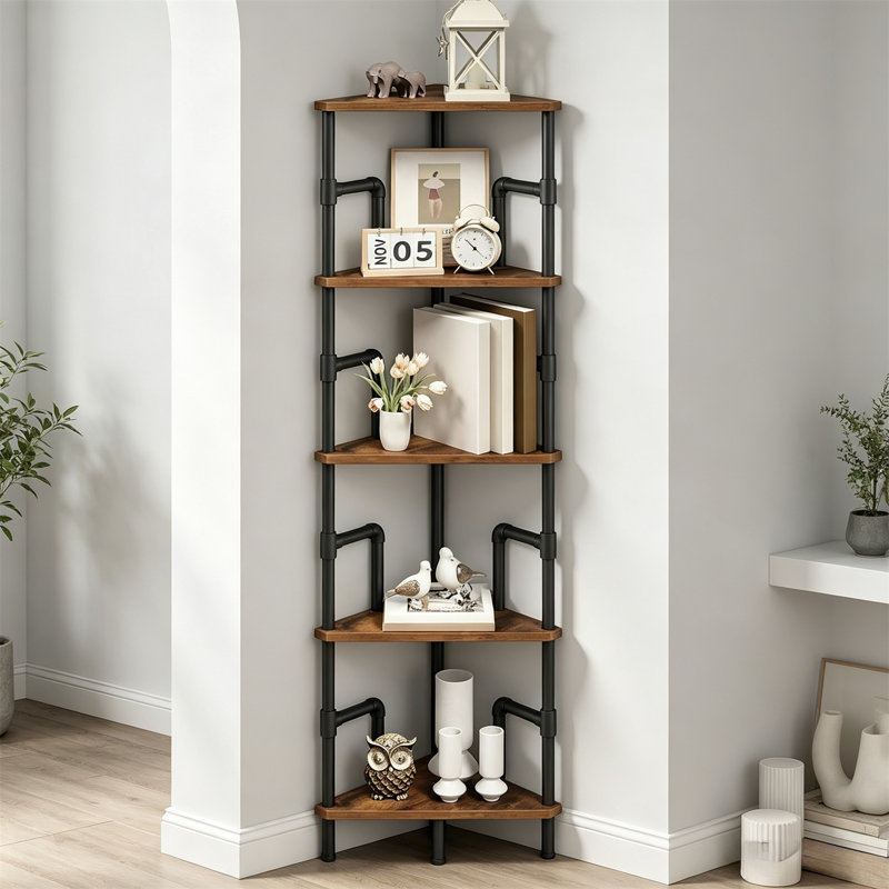 5-Tier Corner Shelf Stand – Metal Frame Corner Bookshelf, Narrow Display Rack, Industrial Style Corner Bookcase for Living Room, Bedroom, Home Office