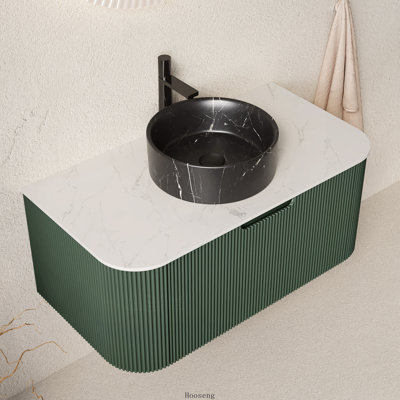 Meuble-lavabo flottant vert foncé 36 po avec armoire à rayures courbées, lavabo en céramique noir mat et comptoir en pierre