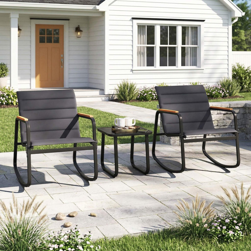 3-Piece All-Weather Outdoor Rocking Bistro Set, 2 Ergonomic Porch Rocker Chairs With Smooth Glide Structure, 1 Sturdy Small Side Table, Suitable For Porch, Backyard, Patio
