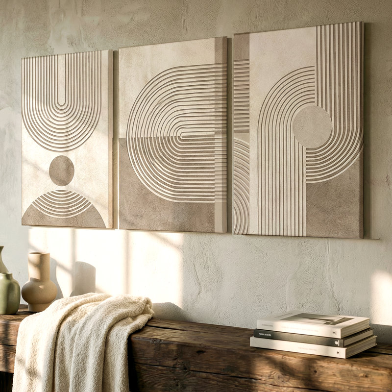 Art mural abstrait géométrique 3 pièces avec motifs texturés beiges, art mural trois pièces pour le salon, la chambre à coucher et le bureau, aspect encadré