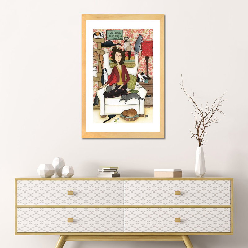 « Three Cats ago » par Jamie Morath-impression, H 24 po x l 16 po x P 1 po, Toile avec cadre en bois beige, Blanc
