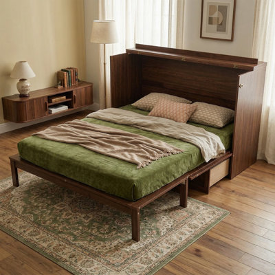 Grand lit escamotable, armoire-lit en bois de pin massif avec centrale électrique et panneau de décoration en rotin, lit commode polyvalent peu encombrant avec support de matelas rabattable, lit d'invité caché autoportant pour le bureau à domicile et les studios, système de lattes robuste