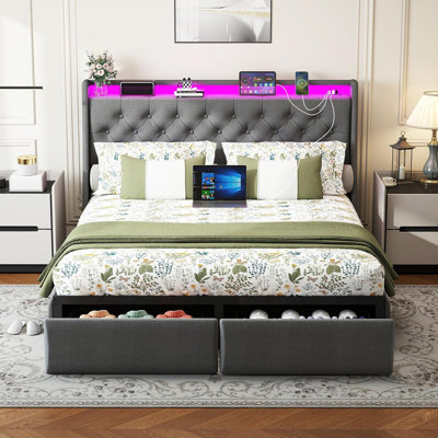 Queen Bed Frame with Headboard, Upholstered Bed with 2 Storage Drawers, Built-in USB Charging Station & LED Lights, Platform Bedframe with Metal Slats, Grey