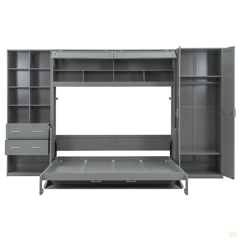 Grand lit escamotable mural avec placard, tiroirs et tablettes, Gris