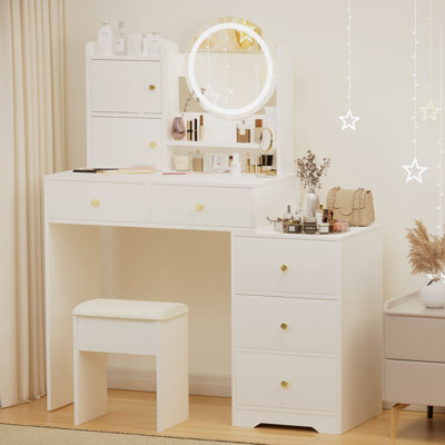 Fashion Vanity Desk with Mirror and Lights for Makeup and Cushioned Chair, Vanity Mirror with Lights and Table Set with 3 Colour Lighting Brightness Adjustable,Dressing table, White Colour