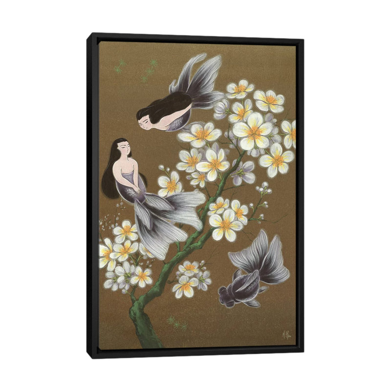 Goldfish Mermaids - Winter Plum Blossoms by Martin Hsu - Painting on Canvas, Black Framed, 66.04 cm H x 45.72 cm W