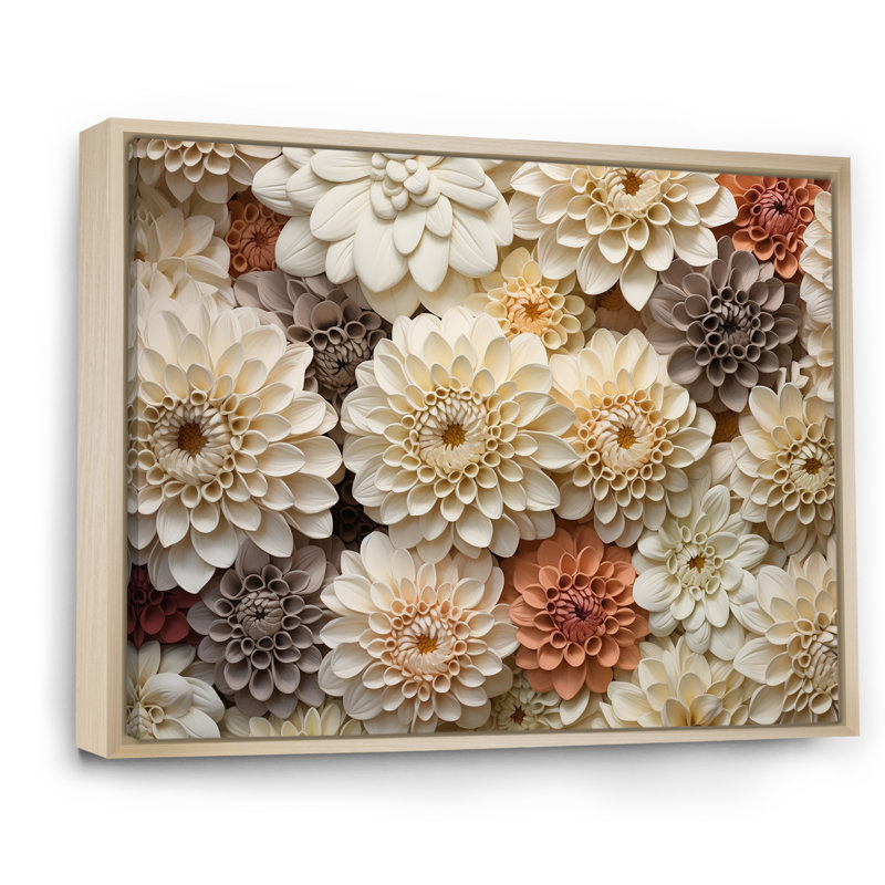 Minimalisme, fleurs de zinnias beiges sur toile, Cadre naturel flottant, H 24 po x l 32 po x P 1 po