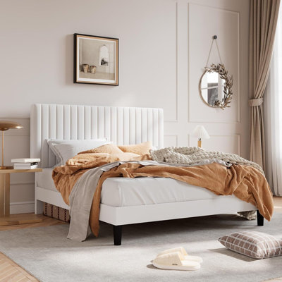 Queen Upholstered Platform Bed Frame With Vertical Channel Tufted Velvet Fabric Adjustable Headboard, Wooden Slats Support, Mattress Foundation, Box Spring Optional, White Visit The Sha Cerlin Store