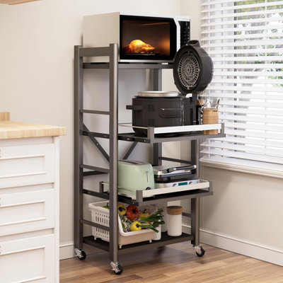 Étagère de boulanger à 4 niveaux avec roulettes, support à micro-ondes robuste en métal avec rangement