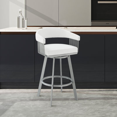 Robinett Swivel Counter or Bar Height Bar Stool with Arms and Footrest in Faux Leather and Metal