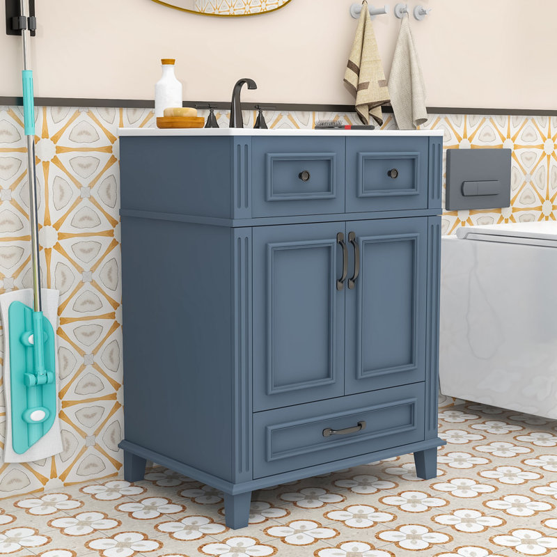 Meuble-lavabo de salle de bain avec lavabo en céramique, tiroir de rangement et portes à fermeture en douceur, Bleu