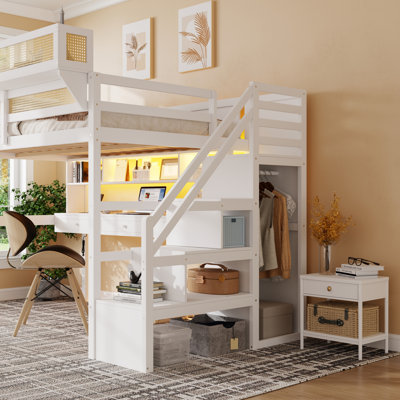 Lit mezzanine double avec bureau et garde-robe, lit mezzanine double en bois avec station de charge et lumière, blanc