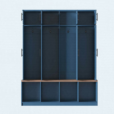 Arbre d'entrée de ferme avec crochets cachés, armoire à chaussures et banc de rangement, bleu