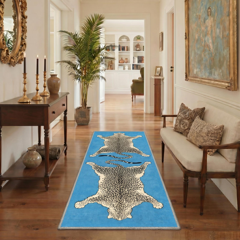  Alinda Talon Animal Print Blue / Beige / Black Machine Washable Area Rug, Runner 2'6" x 8', Blue / Beige / Black