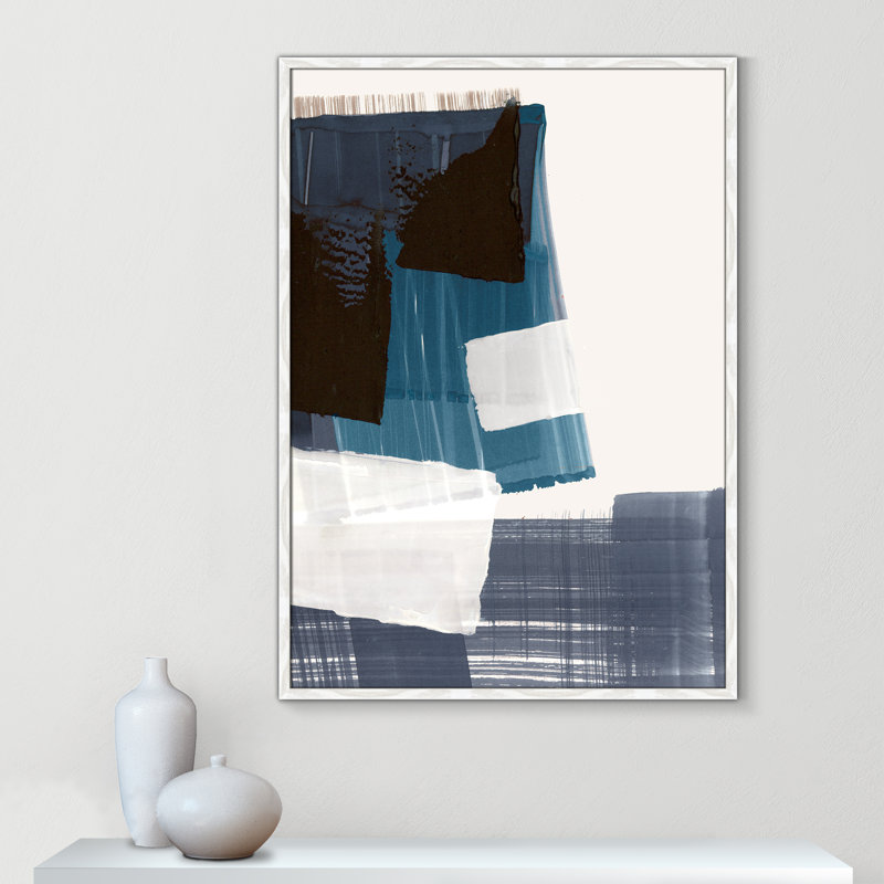 Harmonie géométrique en bleu et noir par PI Studio, Grain de bois blanc, 29.5'' W x 41.5'' H, Impression encadrée