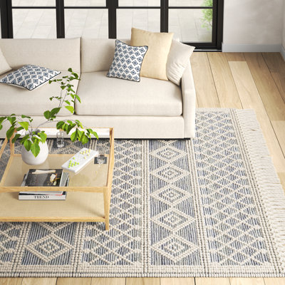 Beige Light Blue Hand-Woven Geometric Rug