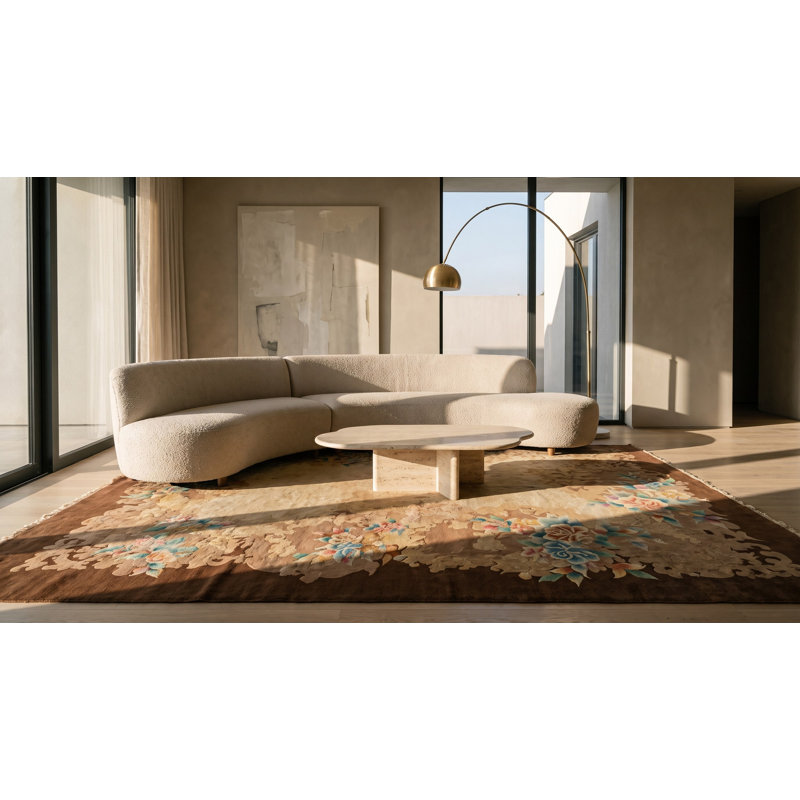 Tapis rectangulaire en laine noué à la main de style années 1920 ivoire chinois antique Art Deco