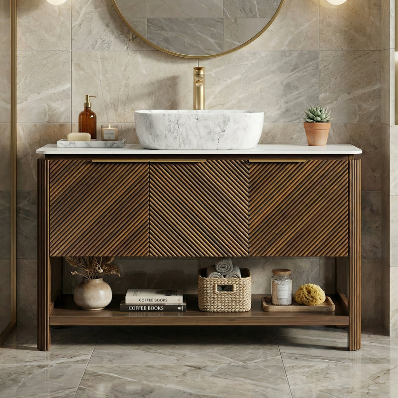 INDIGO 48" Freestanding Bathroom Vanity With Volakas Marble Vessel Sink, Carrara White Sintered Stone Top, Three-Door Diagonal 3D Solid Wood Veneer Doors & Open Shelf, Dark Walnut Woodgrain