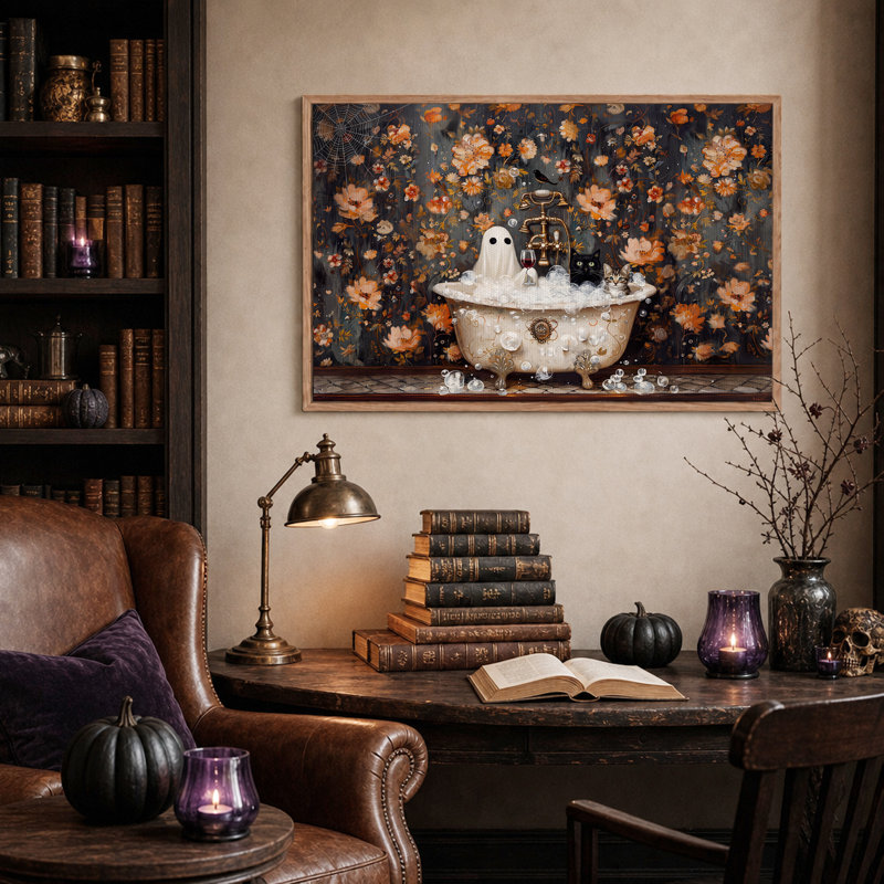«Ghost and Cats in Clawfoot Tub» avec art floral sur toile Halloween, H 36 po x l 48 po