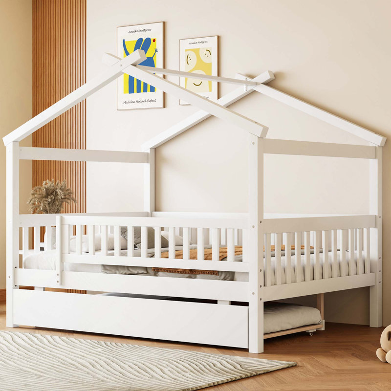 Lit en bois avec lit gigogne simple, Lit double, Blanc