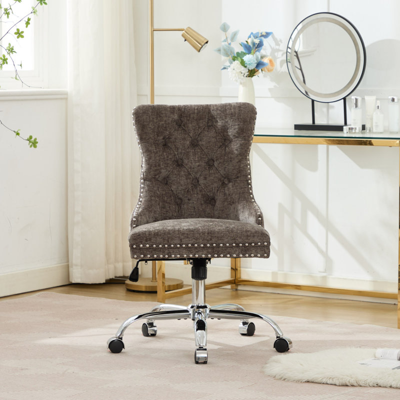 Chaise de bureau moderne rembourrée capitonnée en chenille avec base en métal chromé, Gris
