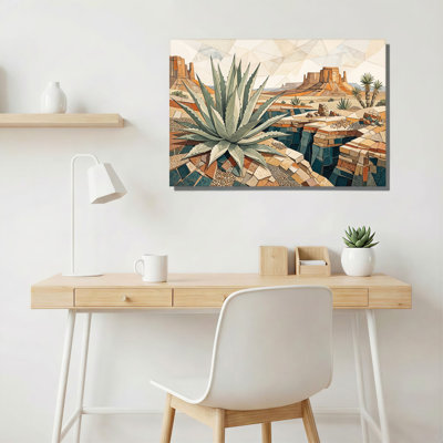 Agave Plant and Desert Mesa in Geometric Mosaic Style Canvas Wall Art
