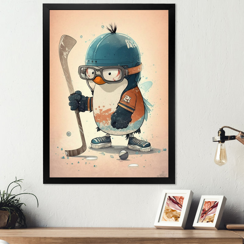 " Anime Hockey Penguin ", Black Picture Framed Canvas, 20" H x 12" W x 1" D