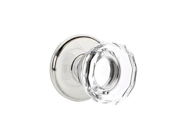 Ensemble de mortaise intérieure Emtek avec rosette Watford et bouton de verre Lowell (droit), Nickel poli